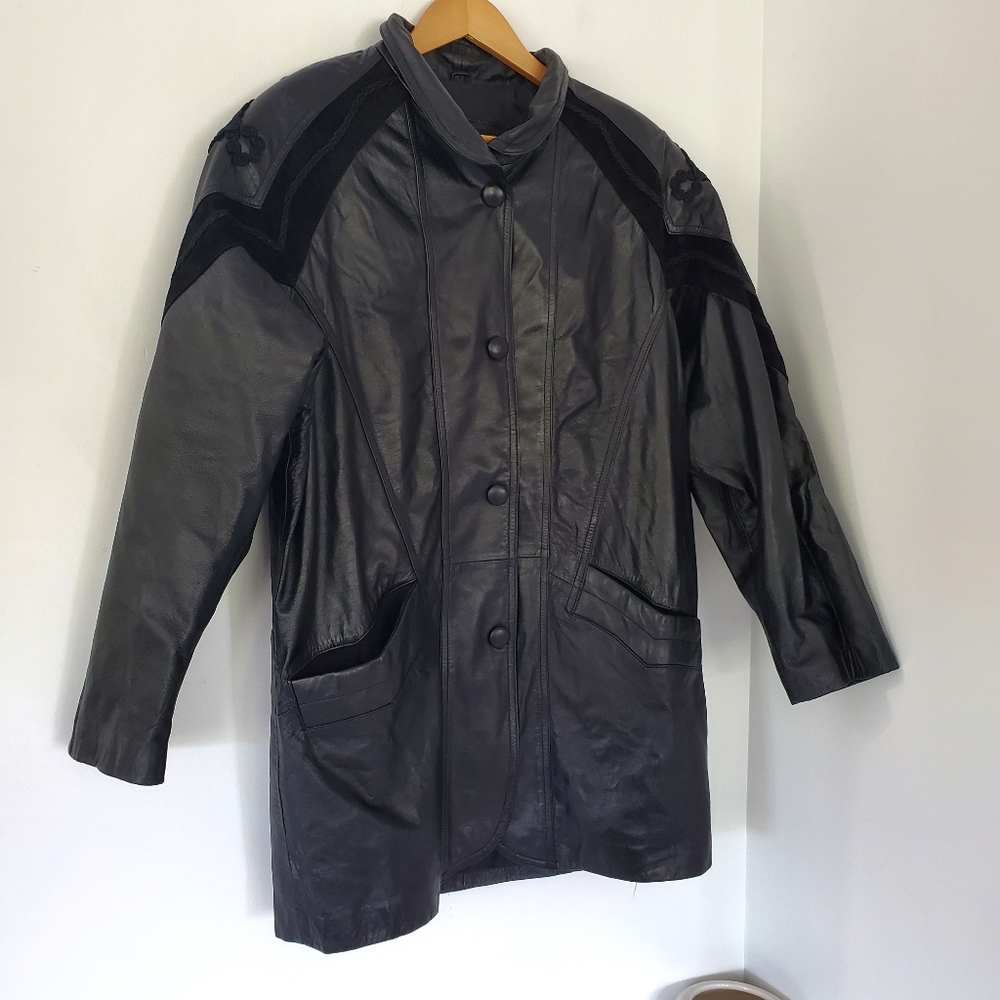 80s Black Leather Suede Mid Length Coat Jacket Oversized Bomber Sz M Winter City